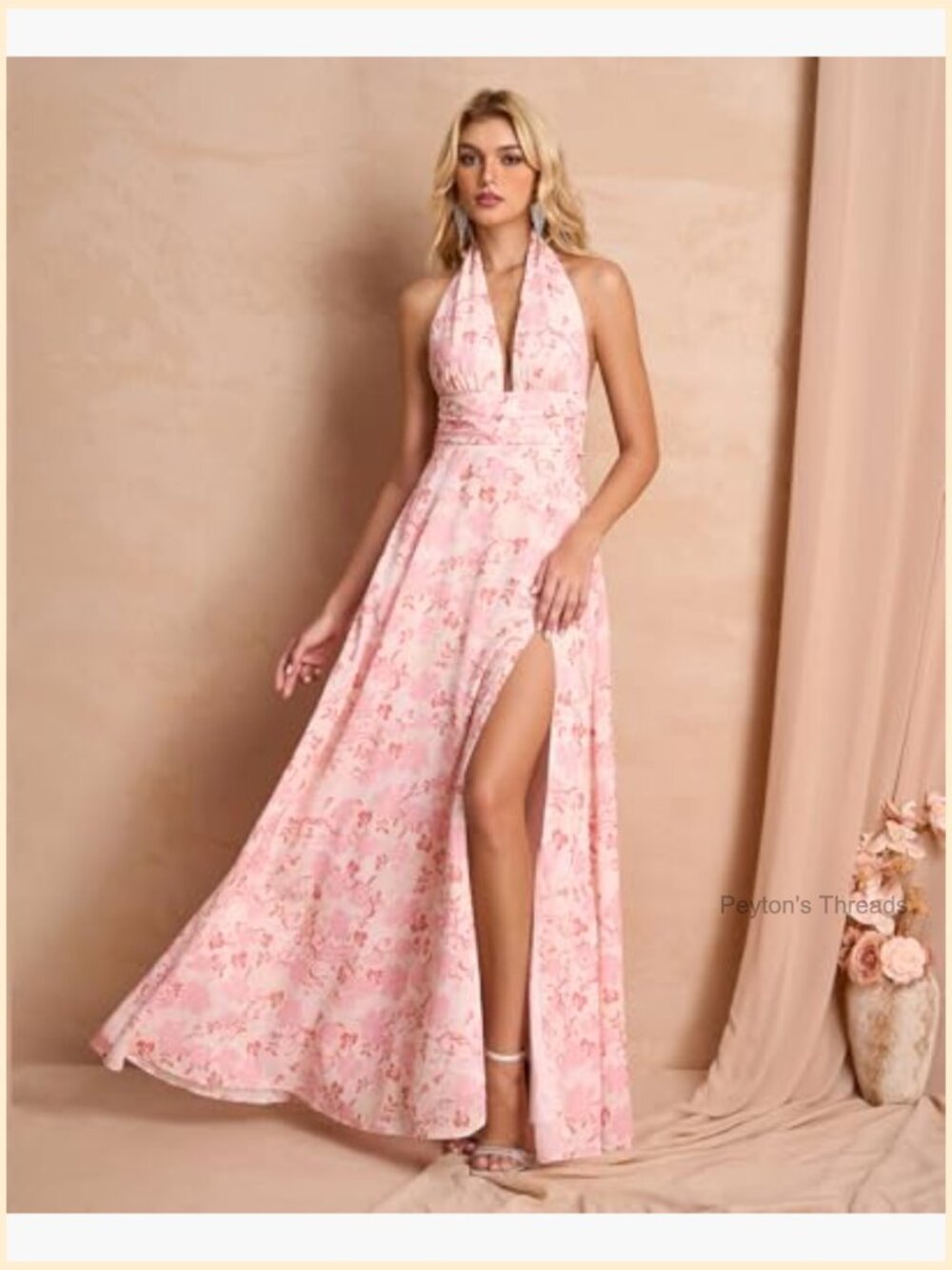 Elegant Halter V Neck Maxi Dress with Side Slit - Formal Evening Gown - Picture 3 of 7